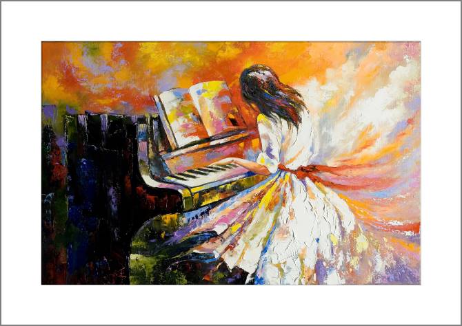 Купить и печать на заказ Картины, фото с паспарту Девушка и пианино