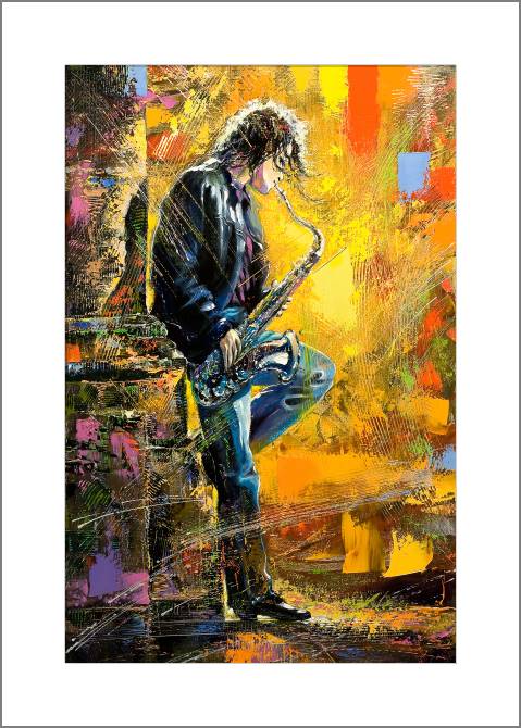 Купить и печать на заказ Картины, фото с паспарту Парень и саксофон