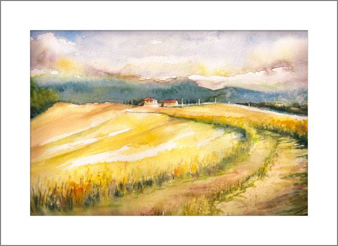Купить и печать на заказ Картины, фото с паспарту Тосканские холмы акварель