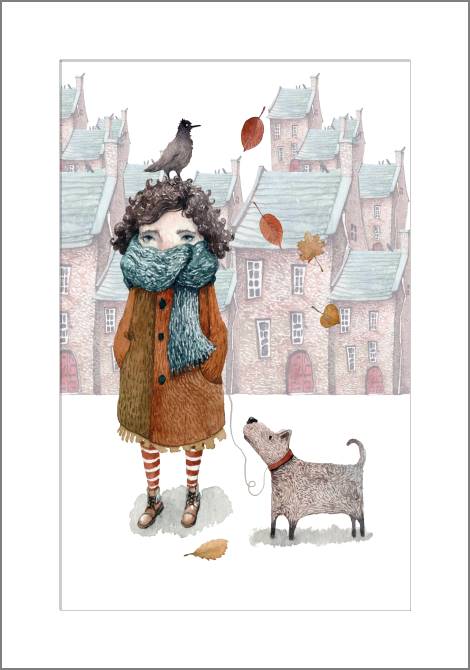 Купить и печать на заказ Картины, фото с паспарту Девочка и собака акварель