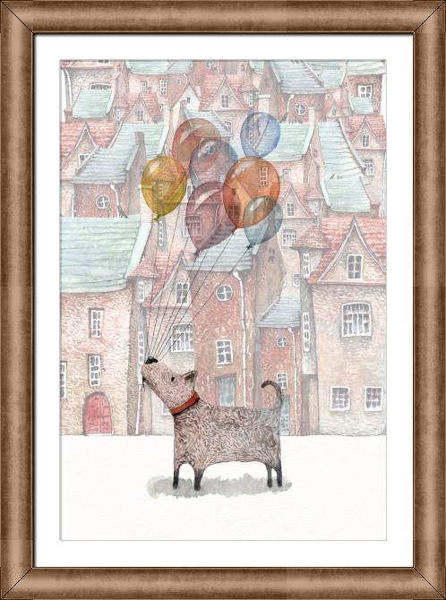 Картины в рамке, багете Dog with balloons watercolor