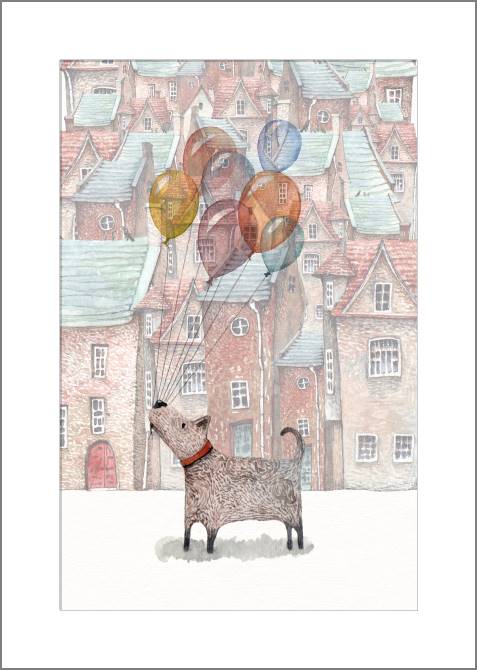 Купить и печать на заказ Картины, фото с паспарту Собака с шариками акварель