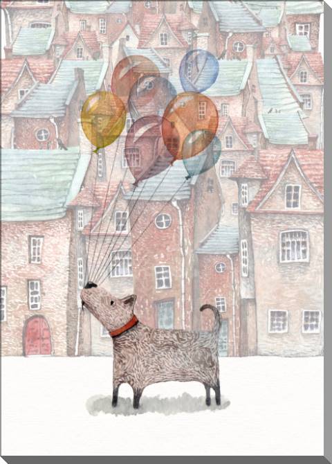 Купить и печать на заказ Картины на пластике, пеноркартоне Собака с шариками акварель