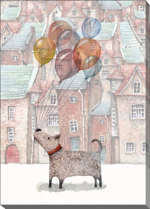 Картины на холсте Dog with balloons watercolor