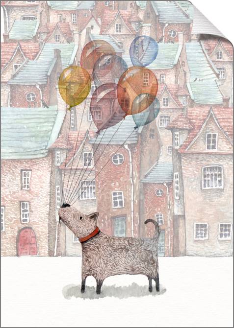 Купить и печать на заказ Картины на холсте Собака с шариками акварель