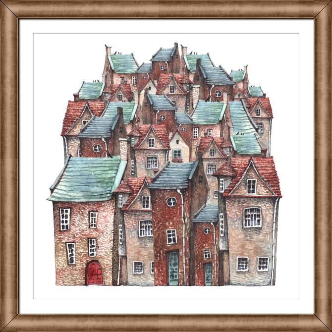 Купить и печать на заказ Картины в рамке, багете Домики акварель