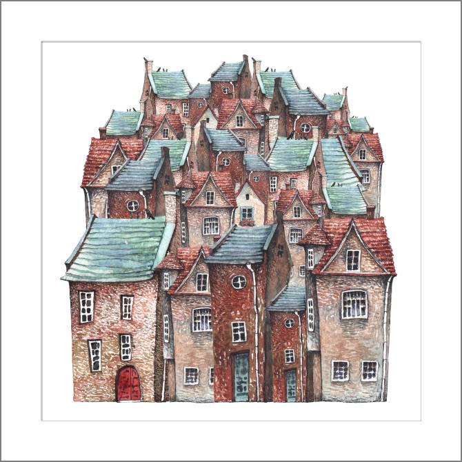 Купить и печать на заказ Картины, фото с паспарту Домики акварель