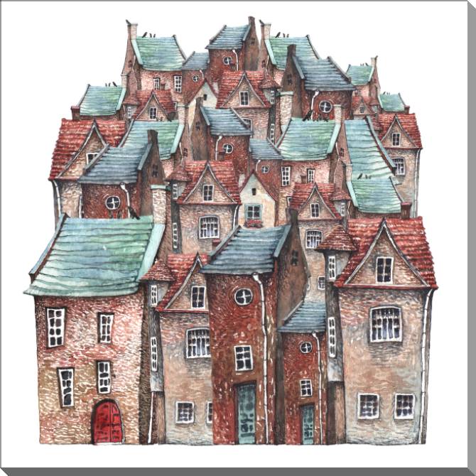 Купить и печать на заказ Картины на пластике, пеноркартоне Домики акварель