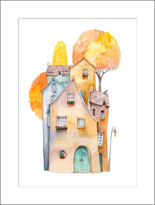 Купить и печать на заказ Картины, фото с паспарту Акварельные домики