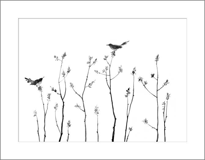 Купить и печать на заказ Картины, фото с паспарту Птицы на ветках восточная роспись
