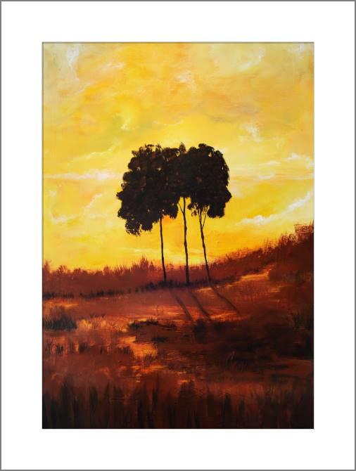 Купить и печать на заказ Картины, фото с паспарту Три дерева на закате