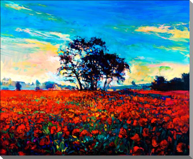 Paintings on plastic, foam cardboard Bright field of poppies