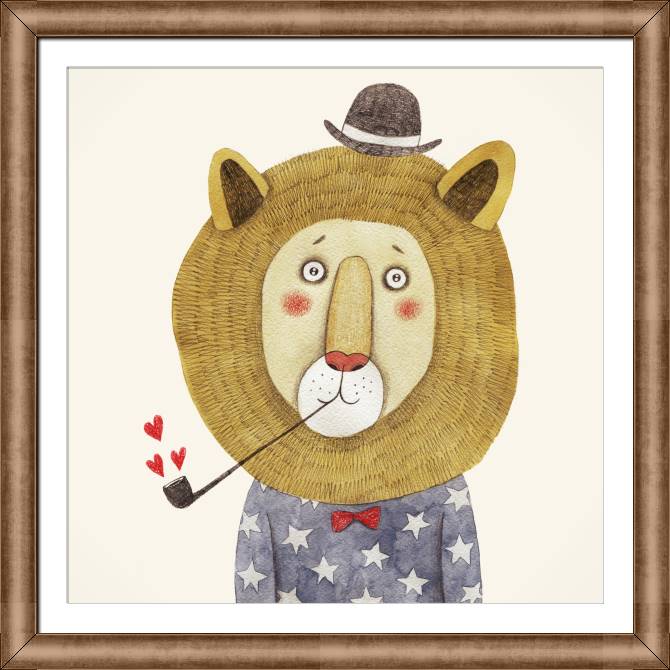 Купить и печать на заказ Картины в рамке, багете Лев в шляпе детская иллюстрация