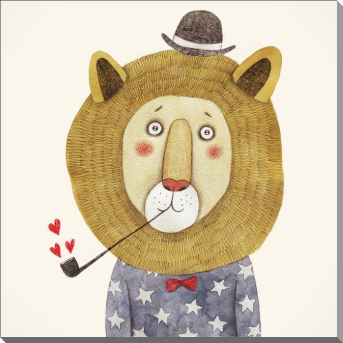 Картины на пластике, пеноркартоне The lion in the hat children's book illustration