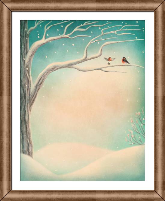 Купить и печать на заказ Картины в рамке, багете Зимний пейзаж с птичками