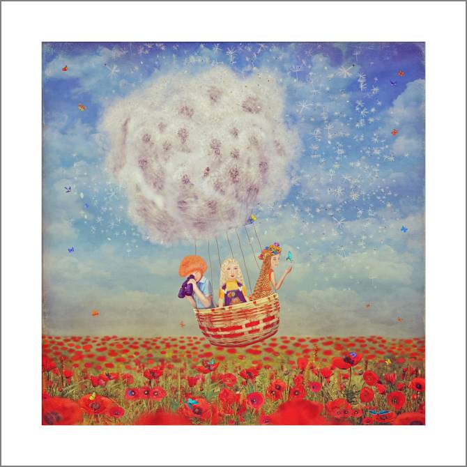 Купить и печать на заказ Картины, фото с паспарту На воздушном шаре над маковым полем