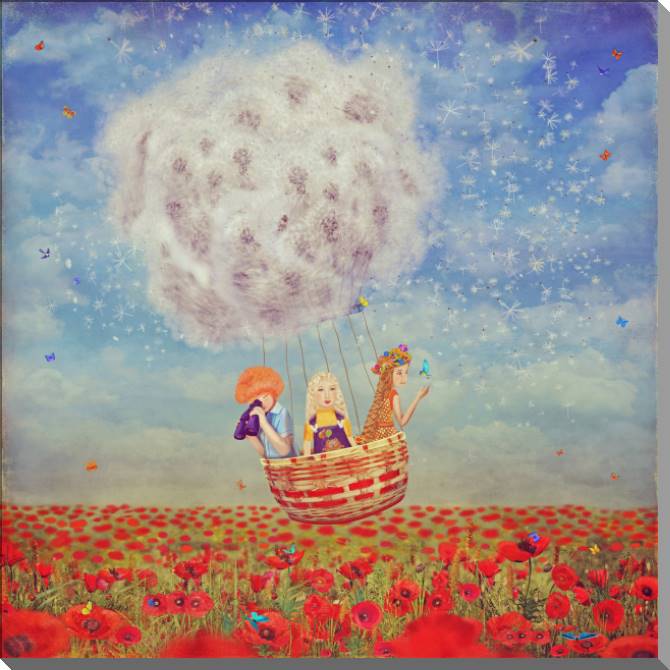 Картины на пластике, пеноркартоне Balloon over poppy field