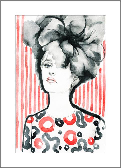 Картины, фото с паспарту Girl with flower in her hair watercolour