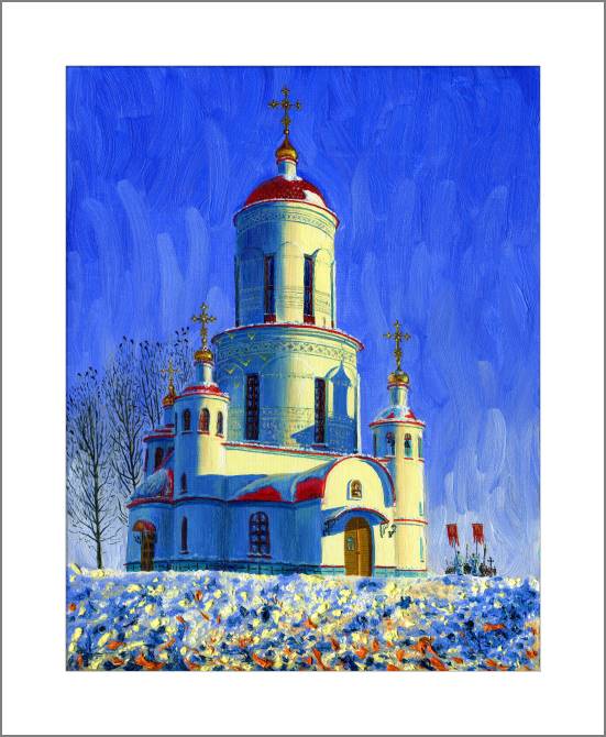 Купить и печать на заказ Картины, фото с паспарту Церковь в морозный зимний день