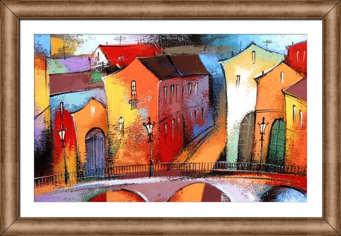 Купить и печать на заказ Картины в рамке, багете Сказочный городок в оранжевом цвете