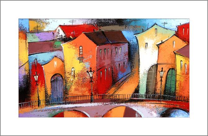 Купить и печать на заказ Картины, фото с паспарту Сказочный городок в оранжевом цвете