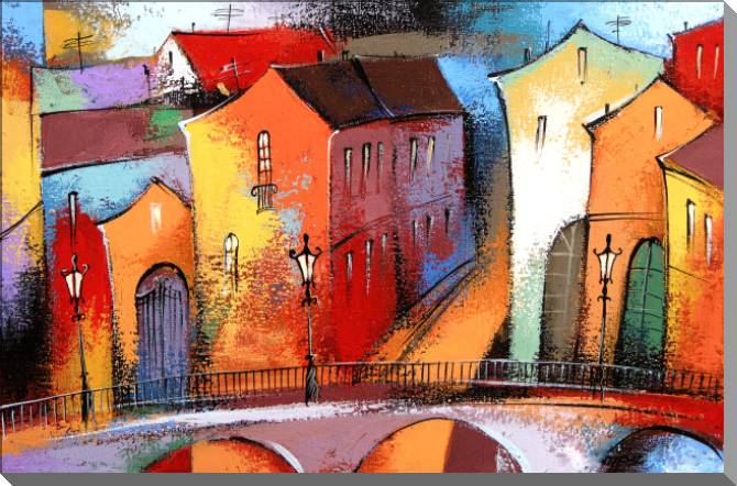 Картины на пластике, пеноркартоне Fairy town in orange color