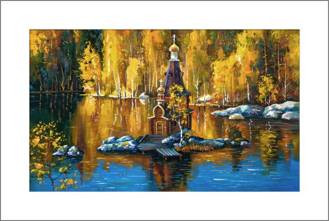 Купить и печать на заказ Картины, фото с паспарту Храм Андрея Первозванного на небольшом острове (Николай Сивенков)
