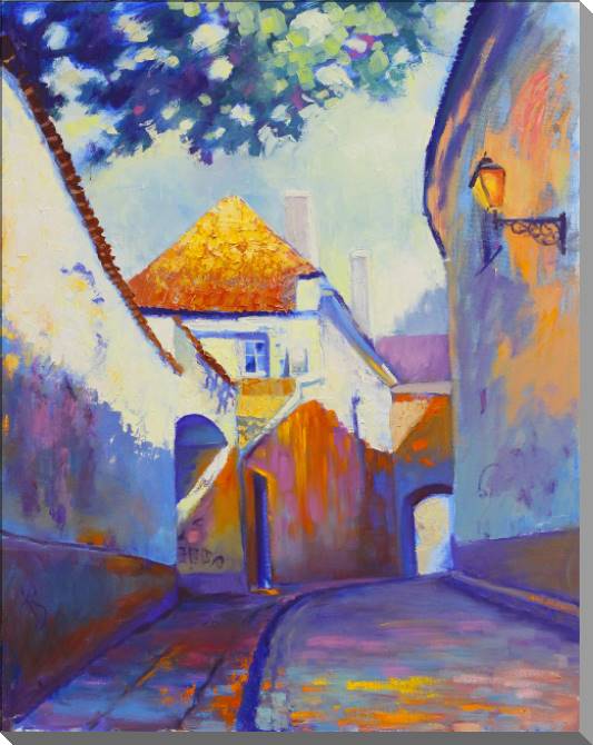 Картины на пластике, пеноркартоне Morning in a European city