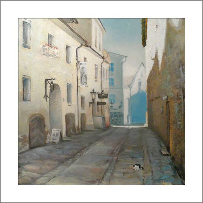 Купить и печать на заказ Картины, фото с паспарту Старая улица и кот