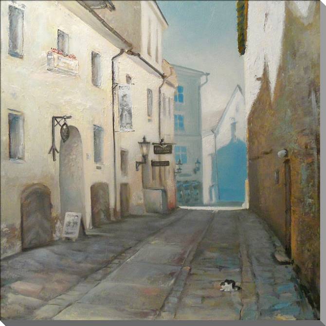 Картины на пластике, пеноркартоне Old street and the cat
