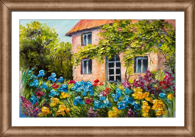 Купить и печать на заказ Картины в рамке, багете Домик в цветнике
