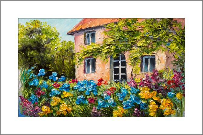 Купить и печать на заказ Картины, фото с паспарту Домик в цветнике