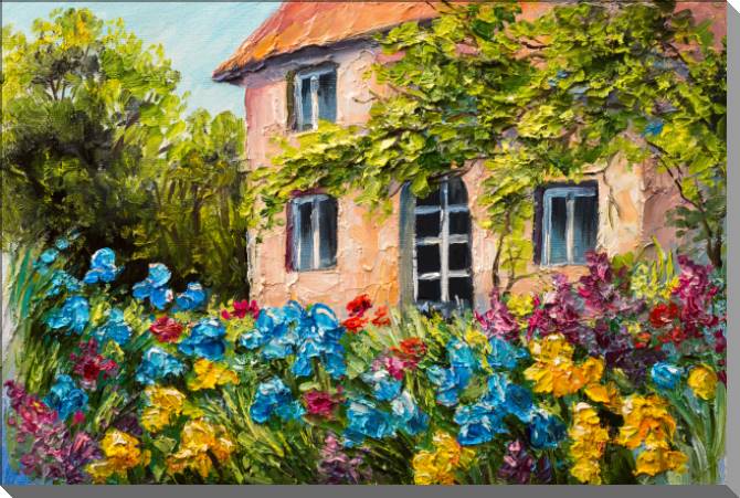 Paintings on plastic, foam cardboard House in the flower garden