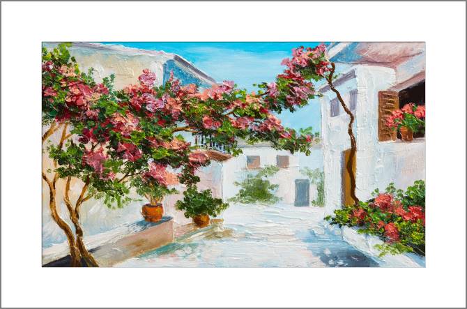 Купить и печать на заказ Картины, фото с паспарту Дома у моря летний пейзаж