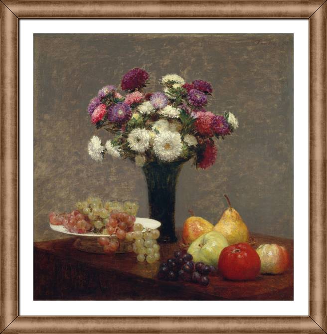 Купить и печать на заказ Картины в рамке, багете Астры и фрукты на столе