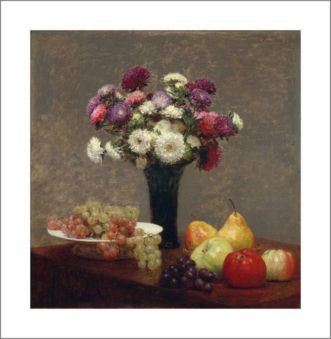 Купить и печать на заказ Картины, фото с паспарту Астры и фрукты на столе