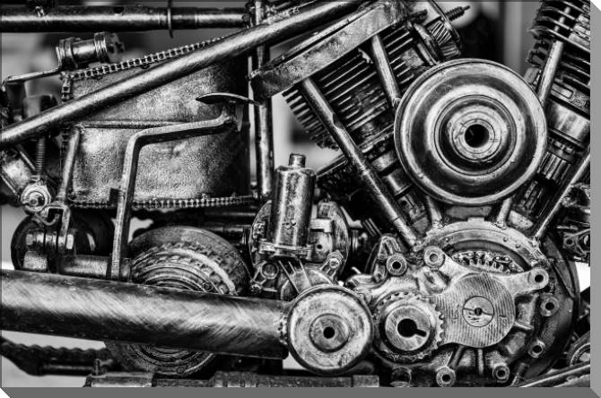 Paintings on plastic, foam cardboard The motorcycle engine