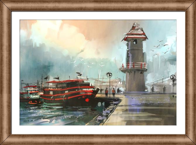 Купить и печать на заказ Картины в рамке, багете Рыбацкая лодка в гавани цифровая живопись