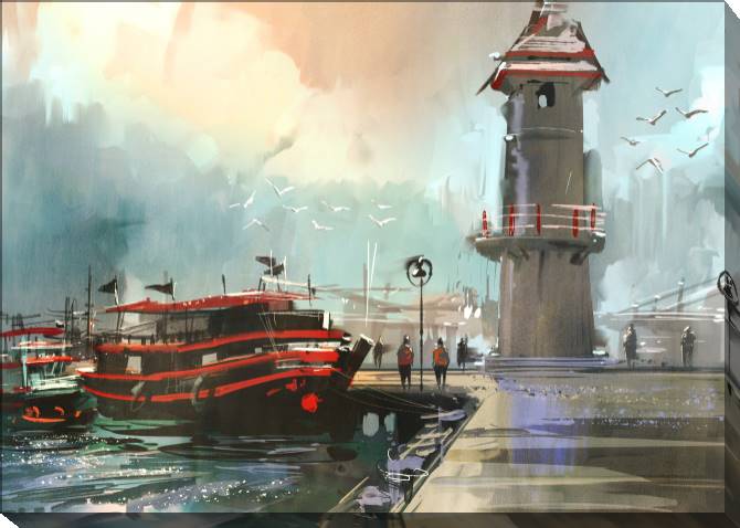 Paintings on canvas Fishing boat in the Harbor digital painting