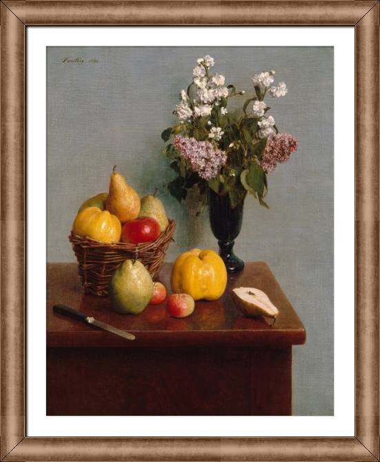 Купить и печать на заказ Картины в рамке, багете Натюрморт с цветами и фруктами (Анри Фантен-Латур)
