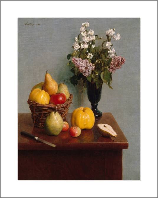 Купить и печать на заказ Картины, фото с паспарту Натюрморт с цветами и фруктами (Анри Фантен-Латур)