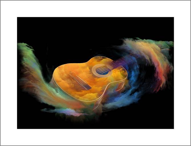 Купить и печать на заказ Картины, фото с паспарту Гитара в вихре цвета