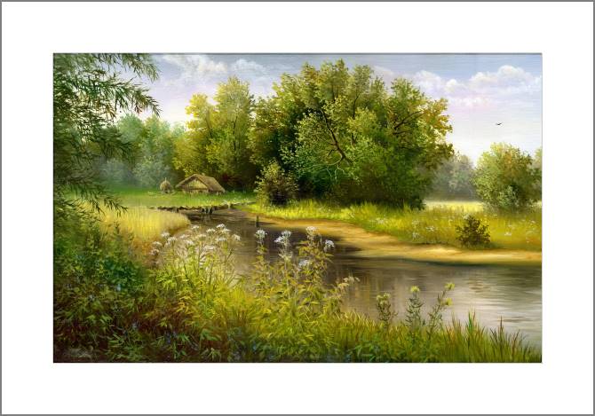 Купить и печать на заказ Картины, фото с паспарту Летний берег реки