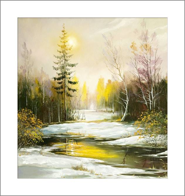 Купить и печать на заказ Картины, фото с паспарту Отражение зимнего солнца в реке