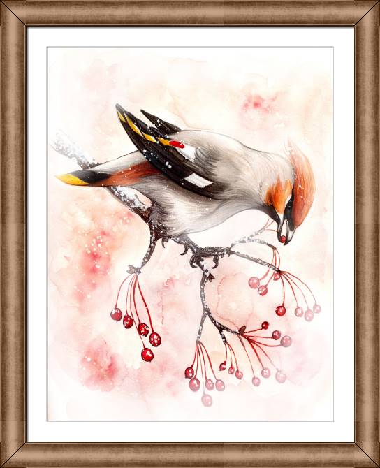 Купить и печать на заказ Картины в рамке, багете Рисунок птицы с ягодами