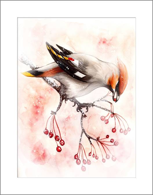 Купить и печать на заказ Картины, фото с паспарту Рисунок птицы с ягодами