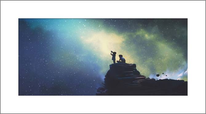 Купить и печать на заказ Картины, фото с паспарту Мальчики и телескоп