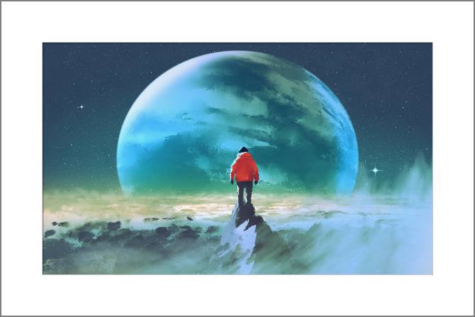 Купить и печать на заказ Картины, фото с паспарту Человек на вершине горы и планета