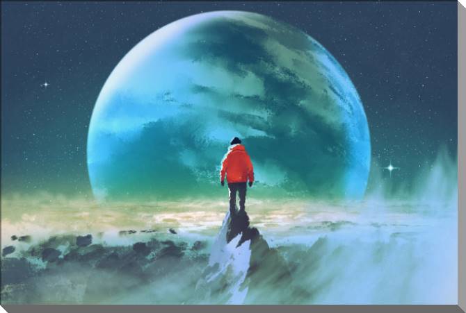 Картины на пластике, пеноркартоне The man at the top of the mountain and the planet