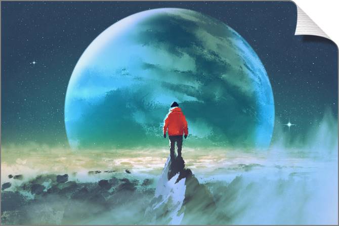 Купить и печать на заказ Картины на холсте Человек на вершине горы и планета